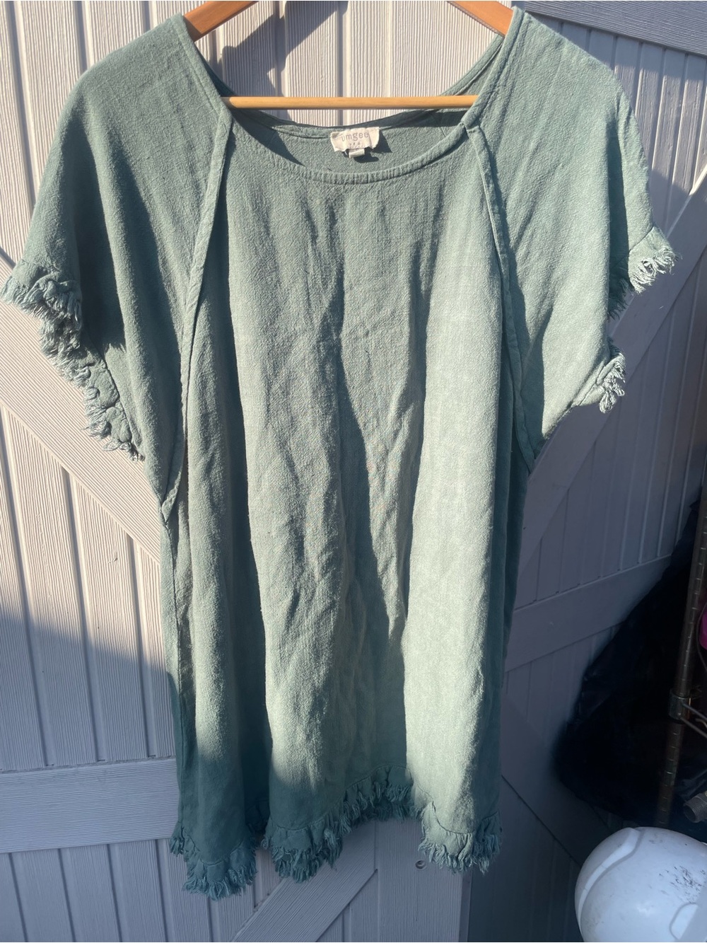 Umgee Green Fringe Short Sleeve Tunic Dress Size Small
